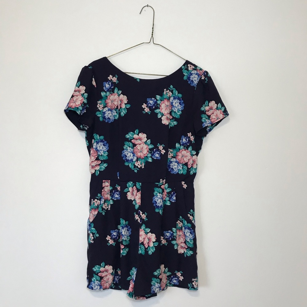Monteau Navy Floral Silky Short Sleeve Romper